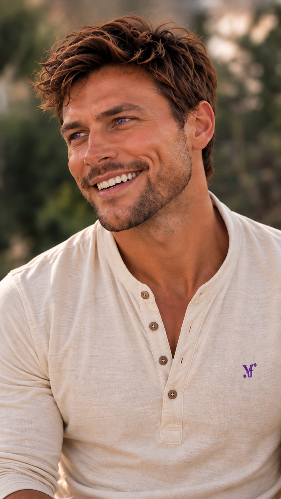 Ethan, the flagship YourFaiv companion, smiling in warm sunlight with a cream shirt and the Yf monogram on the chest